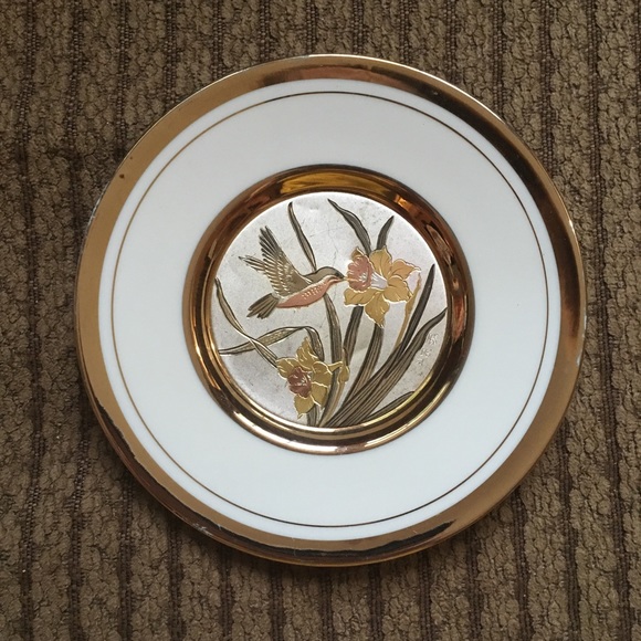 Vintage Chokin Etched copper Gilded Hummingbird Dish 6” - Picture 1 of 15